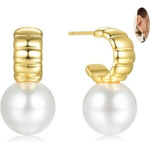 ✨ 18K Gold Natural Pearl Drop Earrings | Dainty Open Hoop Style ✨